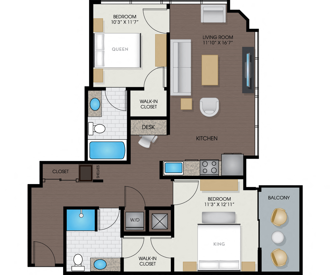 Floor plan for 2 beds, 2 baths, 1016 sqft