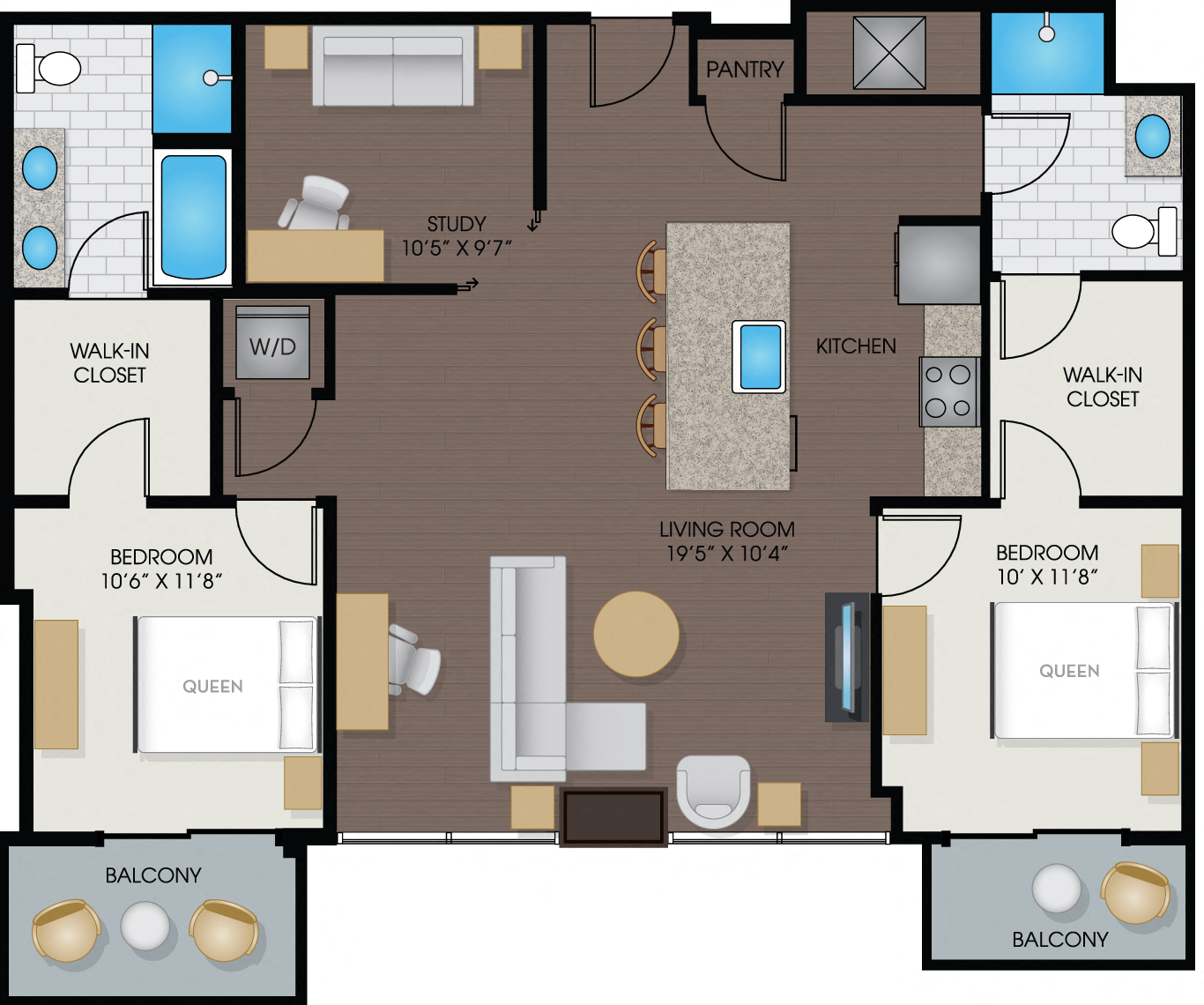 Floor plan for 2 beds, 2 baths, 1368 sqft
