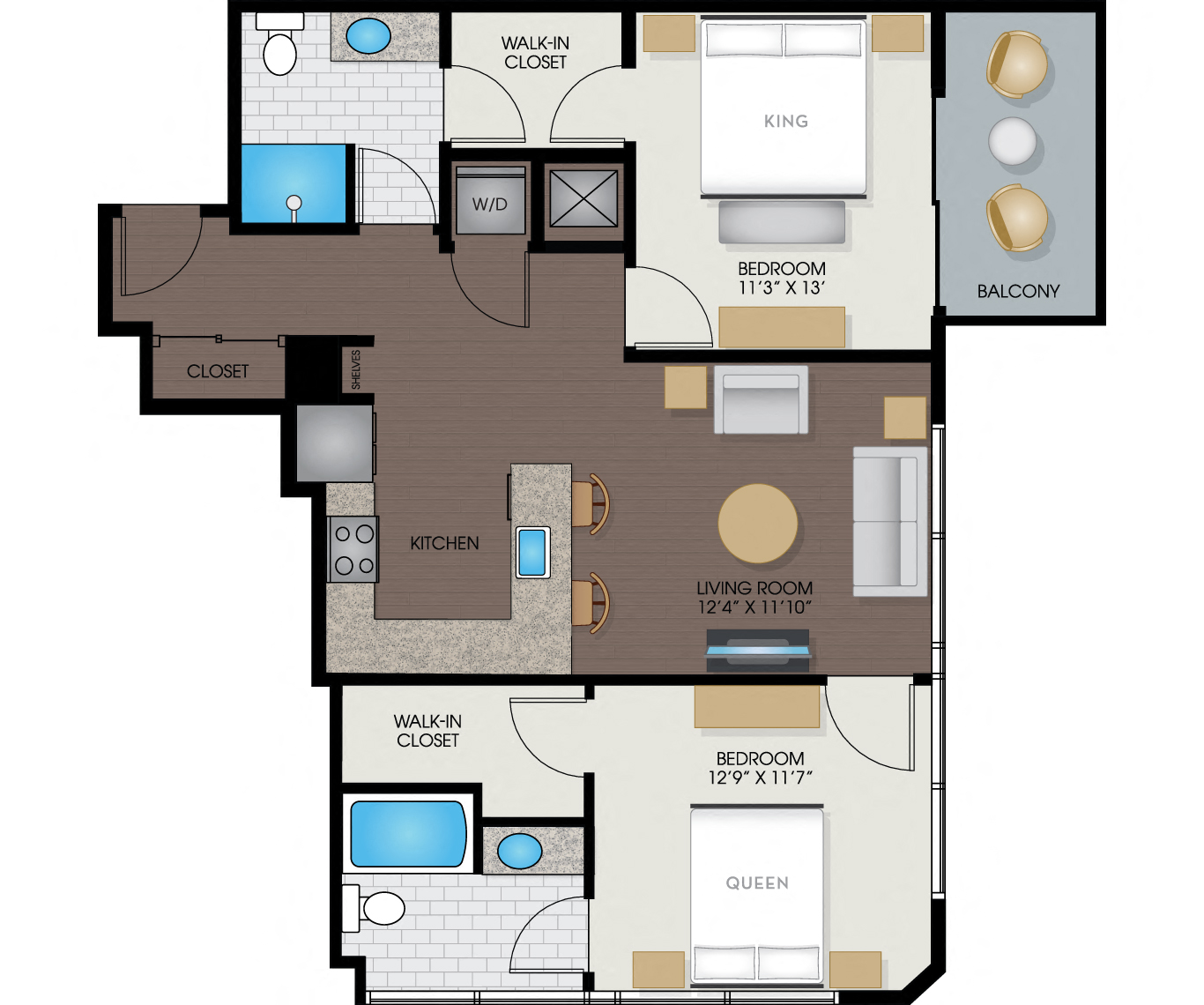 Floor plan for 2 beds, 2 baths, 991 sqft