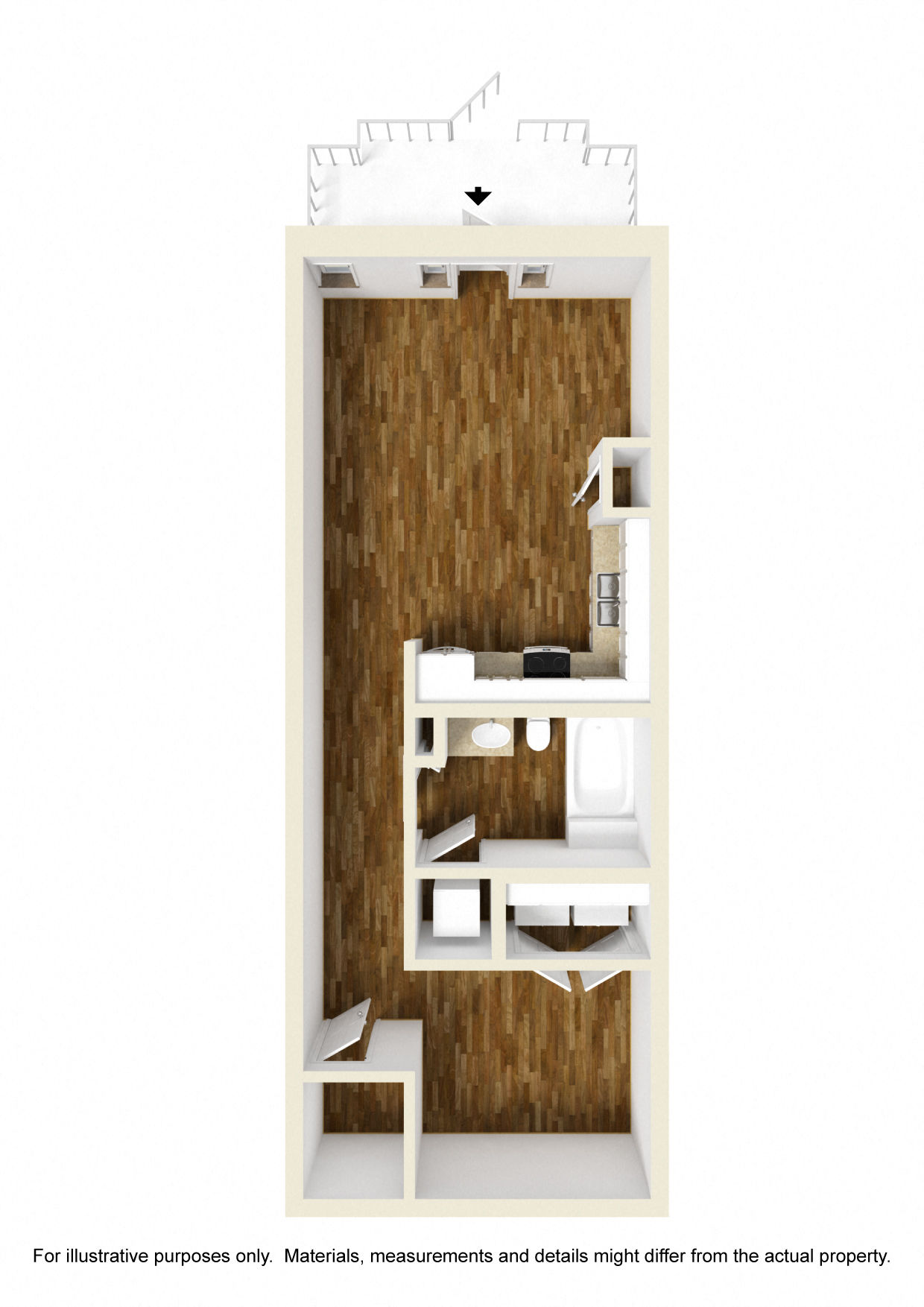 Floor plan for studio, 1 bath, 580 sqft