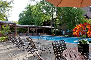 St. Paul apartment for rent - Outdoor pool with lounge chairs, umbrella tables, and shaded areas