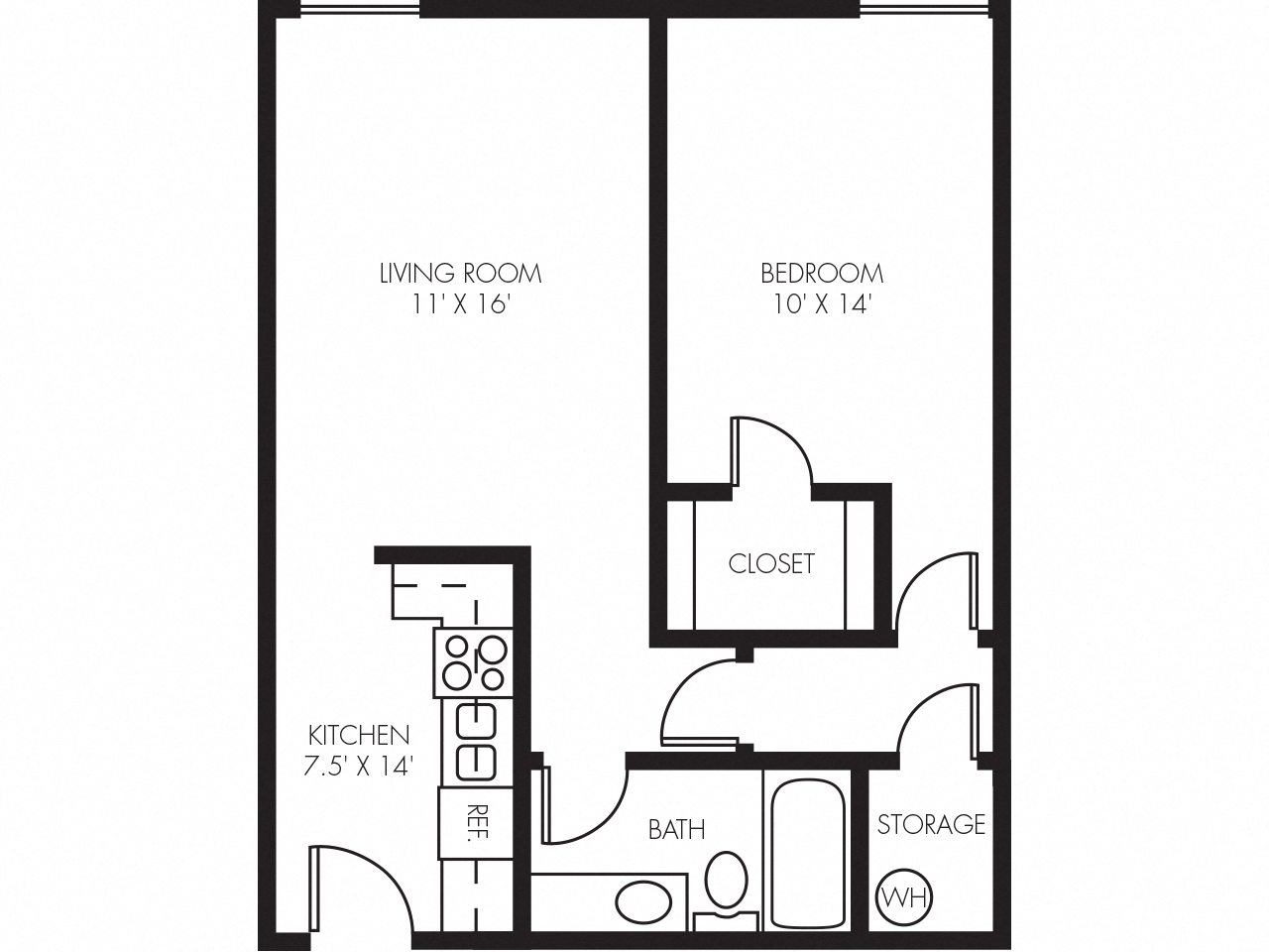 Floor plan for 1 bed, 1 bath, 670 sqft