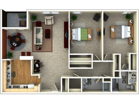 Floor plan for 2 beds, 2 baths, 1300 sqft
