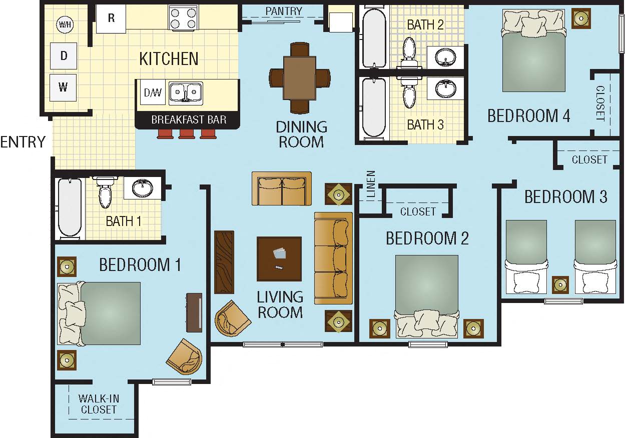 Floor plan for 4 beds, 3 baths, 1197 sqft