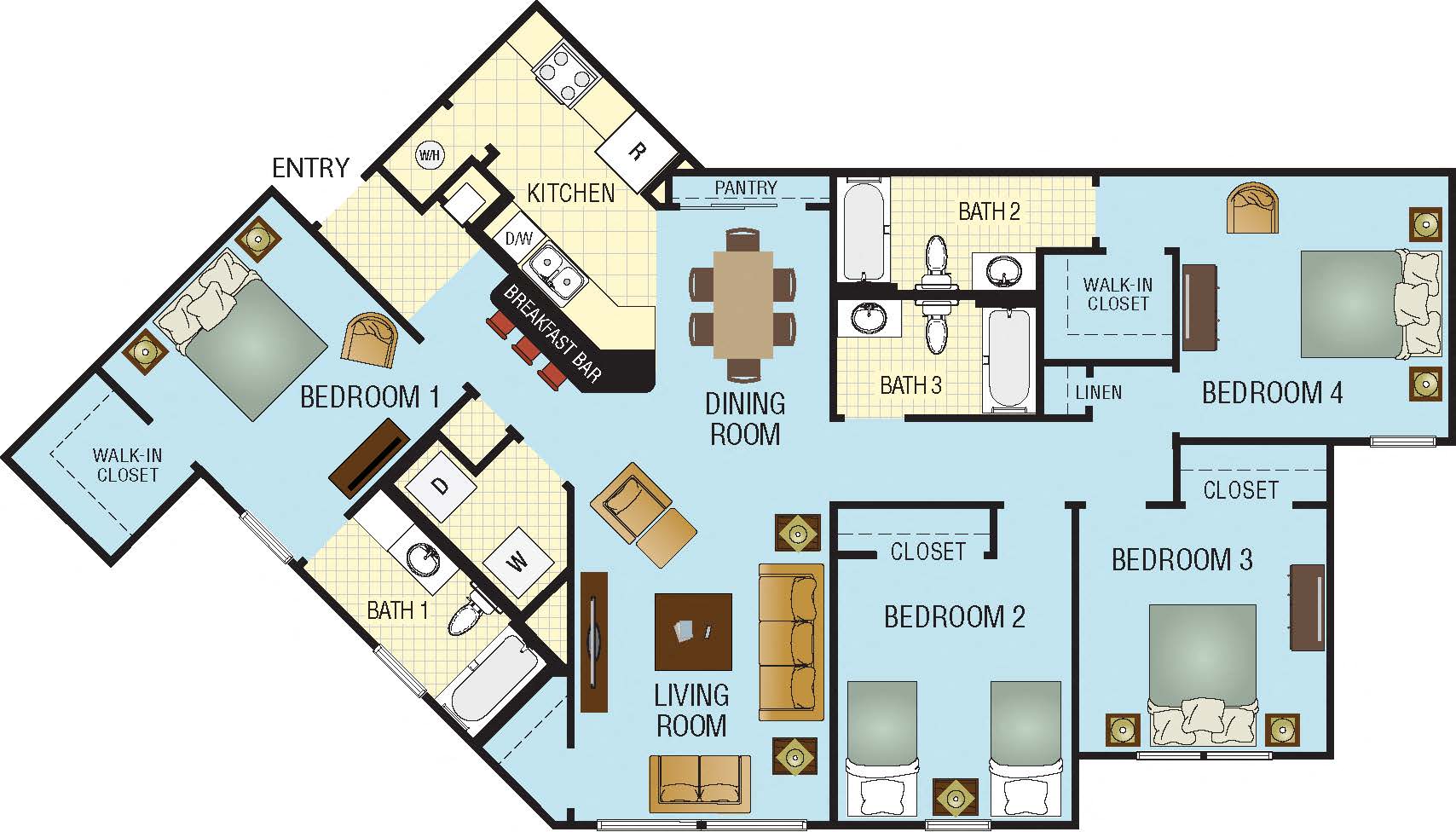 Floor plan for 4 beds, 3 baths, 1506 sqft