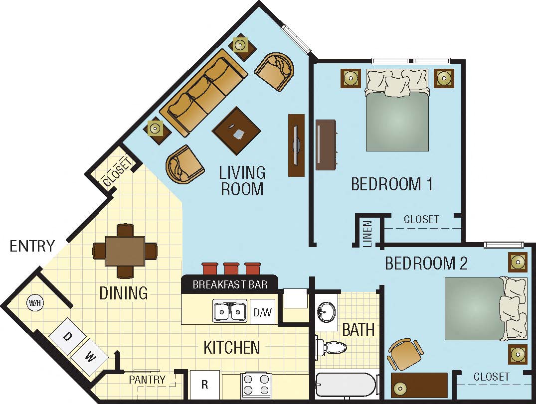 Floor plan for 2 beds, 1 bath, 849 sqft