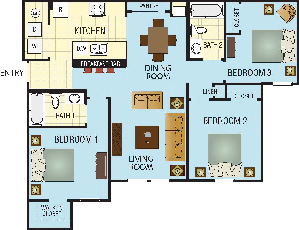 Floor plan for 3 beds, 2 baths, 1046 sqft