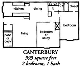 Floor plan for 2 beds, 1 bath, 993 sqft