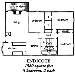 Floor plan for 3 beds, 2 baths, 1380 sqft