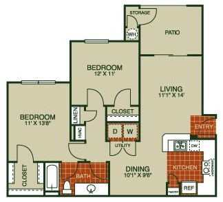 Floor plan for 2 beds, 1 bath, 906 sqft