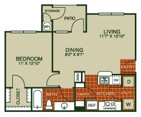 Floor plan for 1 bed, 1 bath, 664 sqft