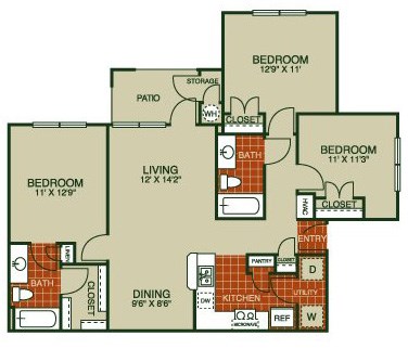 Floor plan for 3 beds, 2 baths, 1120 sqft