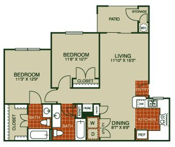 Floor plan for 2 beds, 2 baths, 954 sqft