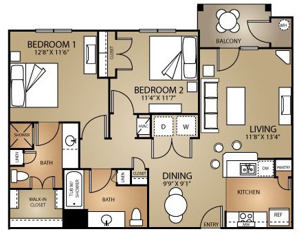 Floor plan for 2 beds, 2 baths, 925 sqft