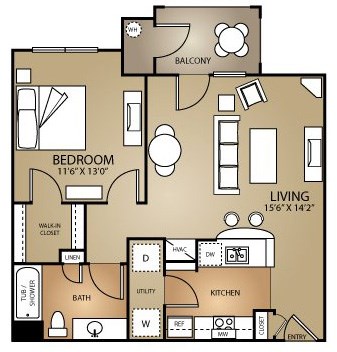 Floor plan for 1 bed, 1 bath, 700 sqft