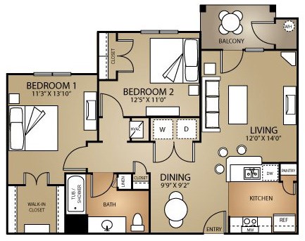 Floor plan for 2 beds, 1 bath, 875 sqft