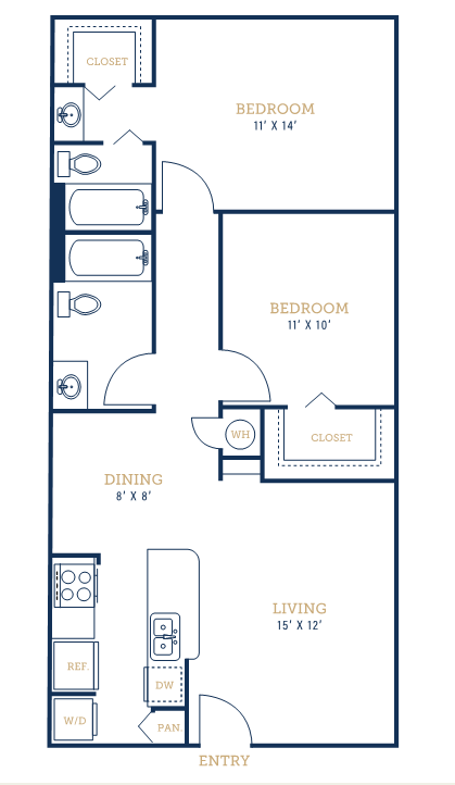 Floor plan for 2 beds, 2 baths, 922 sqft