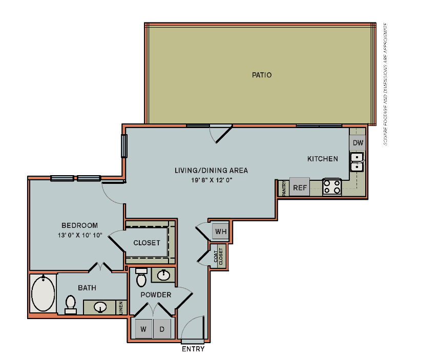 Floor plan for 1 bed, 1 bath, 806 sqft