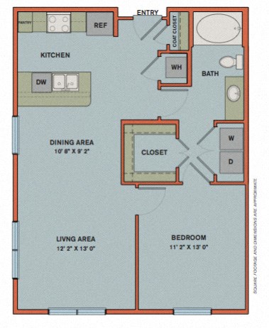 Floor plan for 1 bed, 1 bath, 715 sqft