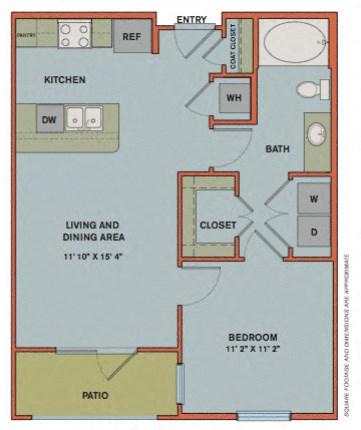 Floor plan for 1 bed, 1 bath, 654 sqft