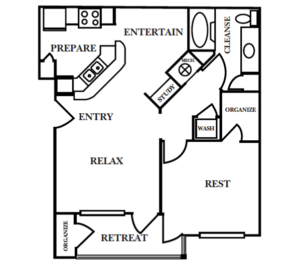 Floor plan for 1 bed, 1 bath, 859 sqft