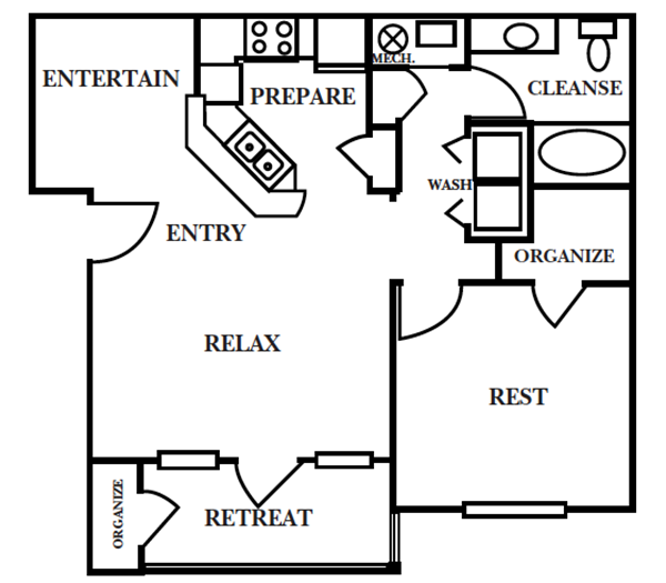 Floor plan for 1 bed, 1 bath, 865 sqft