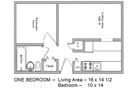 Floor plan for 1 bed, 1 bath
