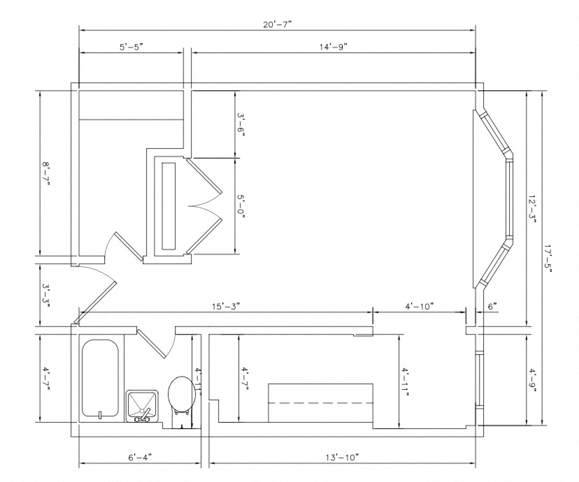 Floor plan for studio, 1 bath, 389 sqft