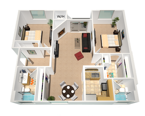 Floor plan for 2 beds, 2 baths, 966 sqft