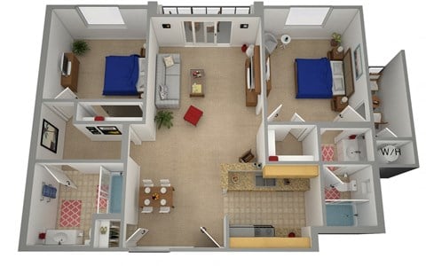 Floor plan for 2 beds, 2 baths, 880 sqft