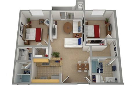 Floor plan for 2 beds, 2 baths, 893 sqft