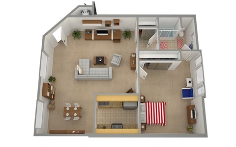Floor plan for 1 bed, 1 bath, 932 sqft