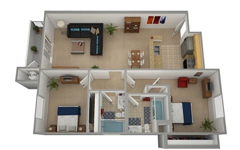 Floor plan for 2 beds, 2 baths, 935 sqft