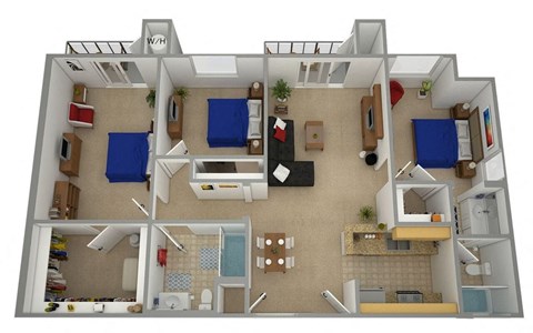 Floor plan for 3 beds, 2 baths, 1183 sqft