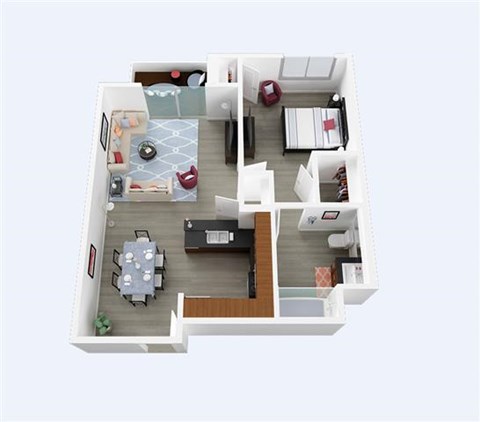 Floor plan for 1 bed, 1 bath, 643 sqft