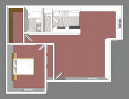 Floor plan for 1 bed, 1 bath, 725 sqft
