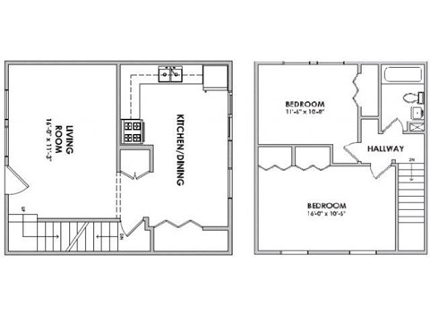Floor plan for 2 beds, 1 bath, 888 sqft