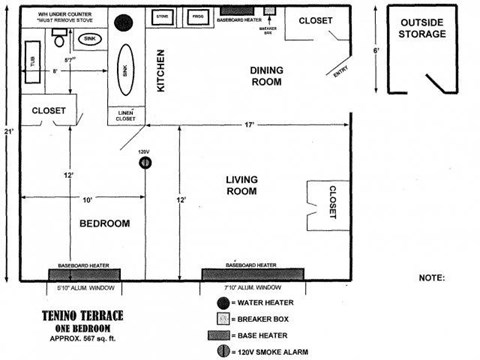Floor plan for 1 bed, 1 bath, 567 sqft