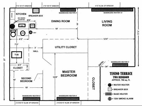 Floor plan for 2 beds, 1 bath, 790 sqft