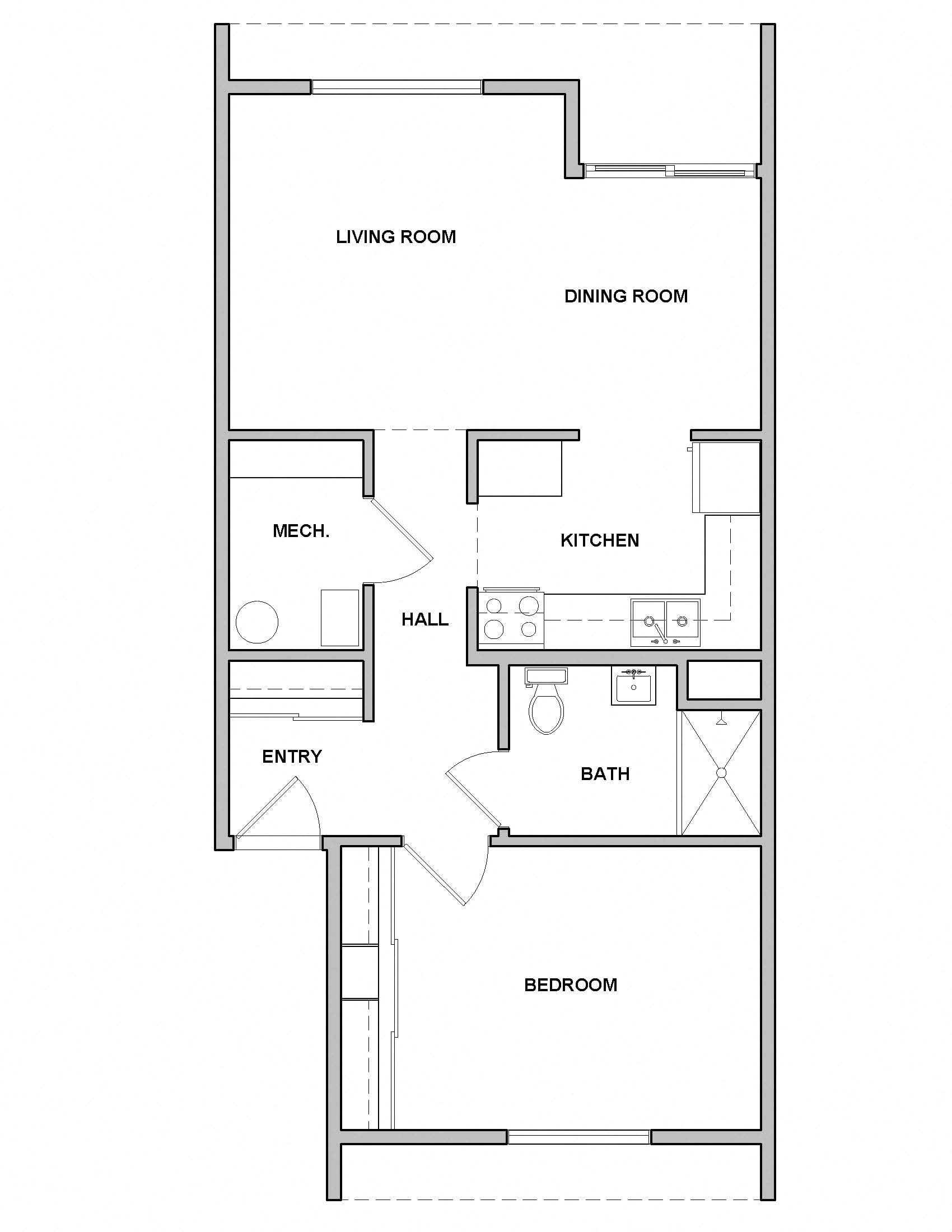 Floor plan for 1 bed, 1 bath, 673 sqft
