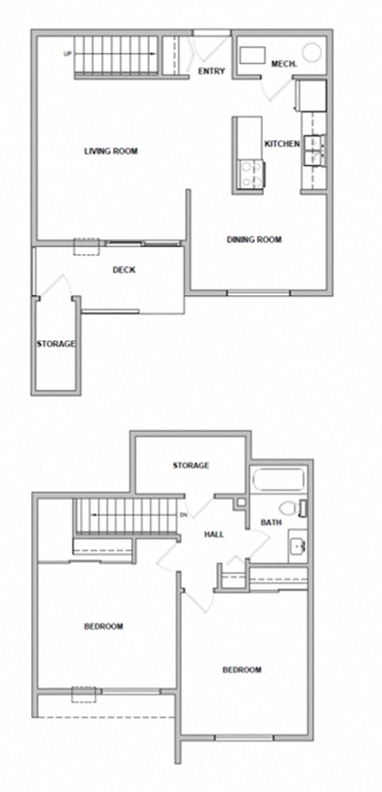 Floor plan for 2 beds, 1 bath, 992 sqft