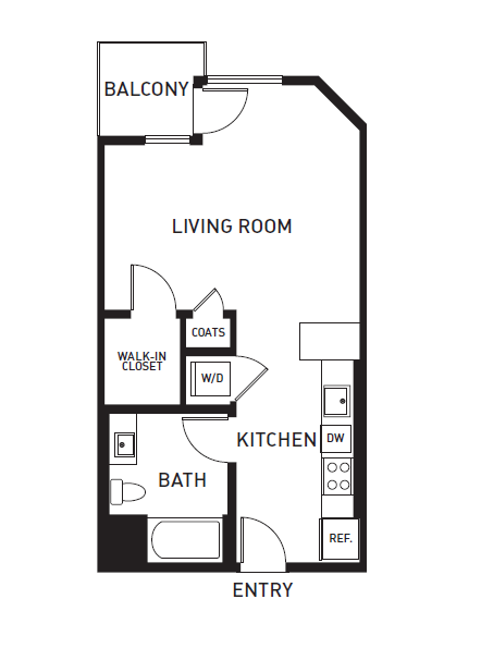 Floor plan for studio, 1 bath, 563 sqft
