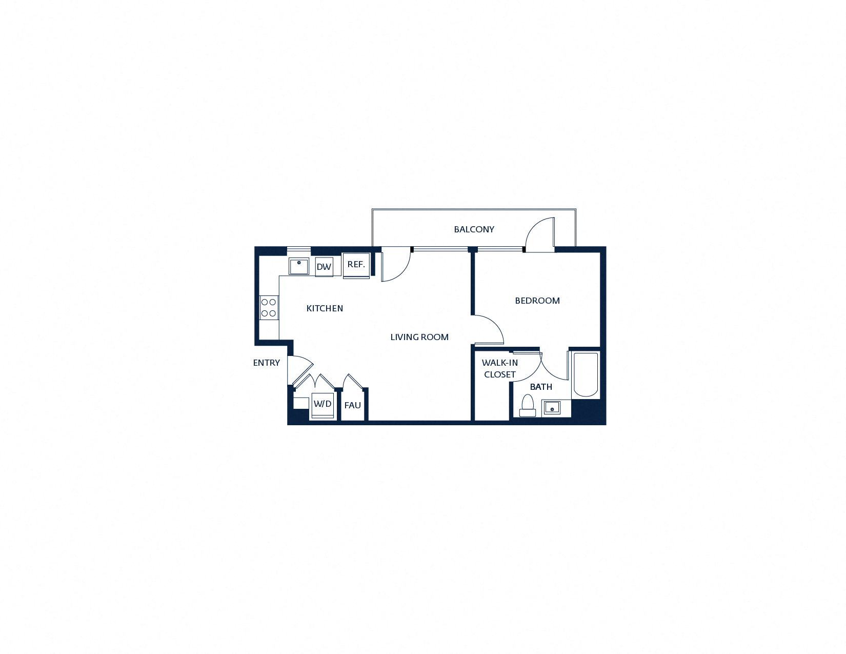 Floor plan for 1 bed, 1 bath, 647 sqft