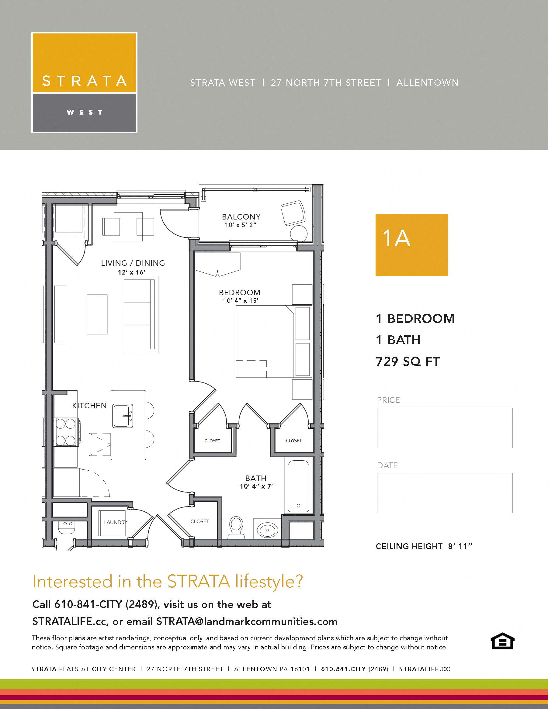 Floor plan for 1 bed, 1 bath, 729 sqft