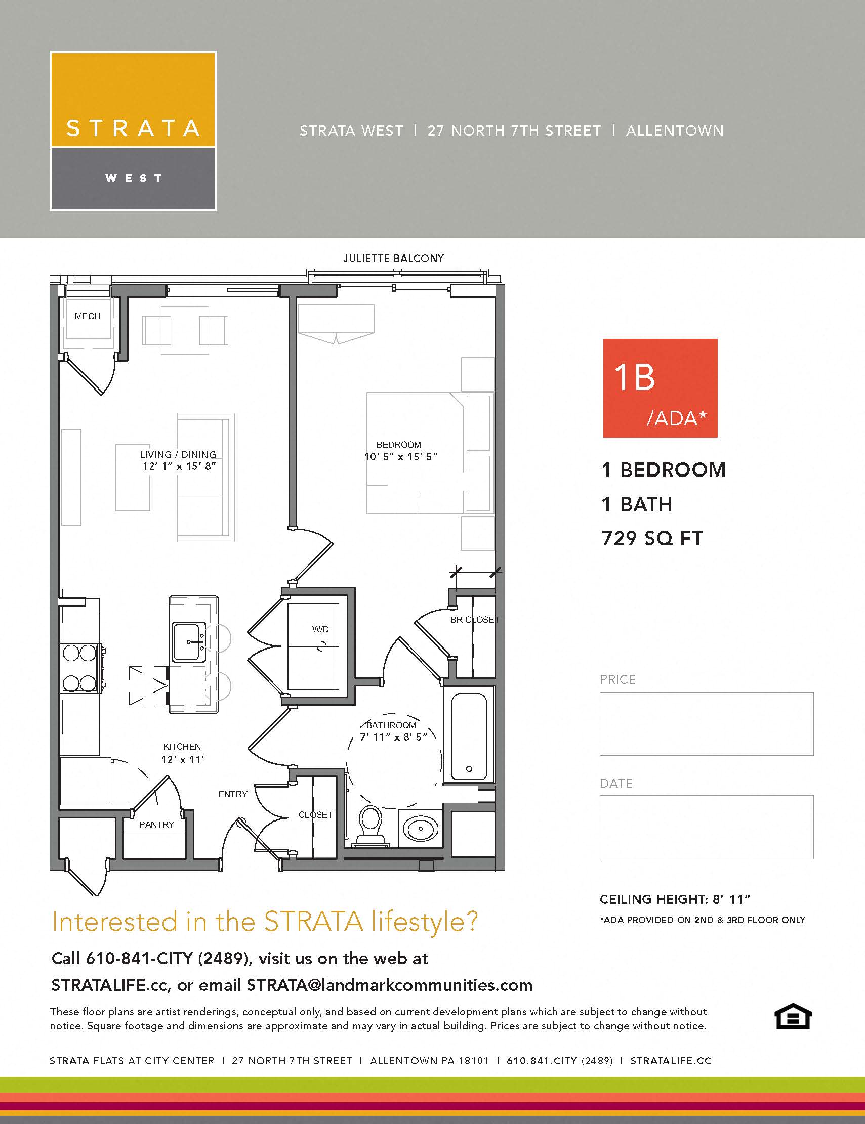 Floor plan for 1 bed, 1 bath, 729 sqft
