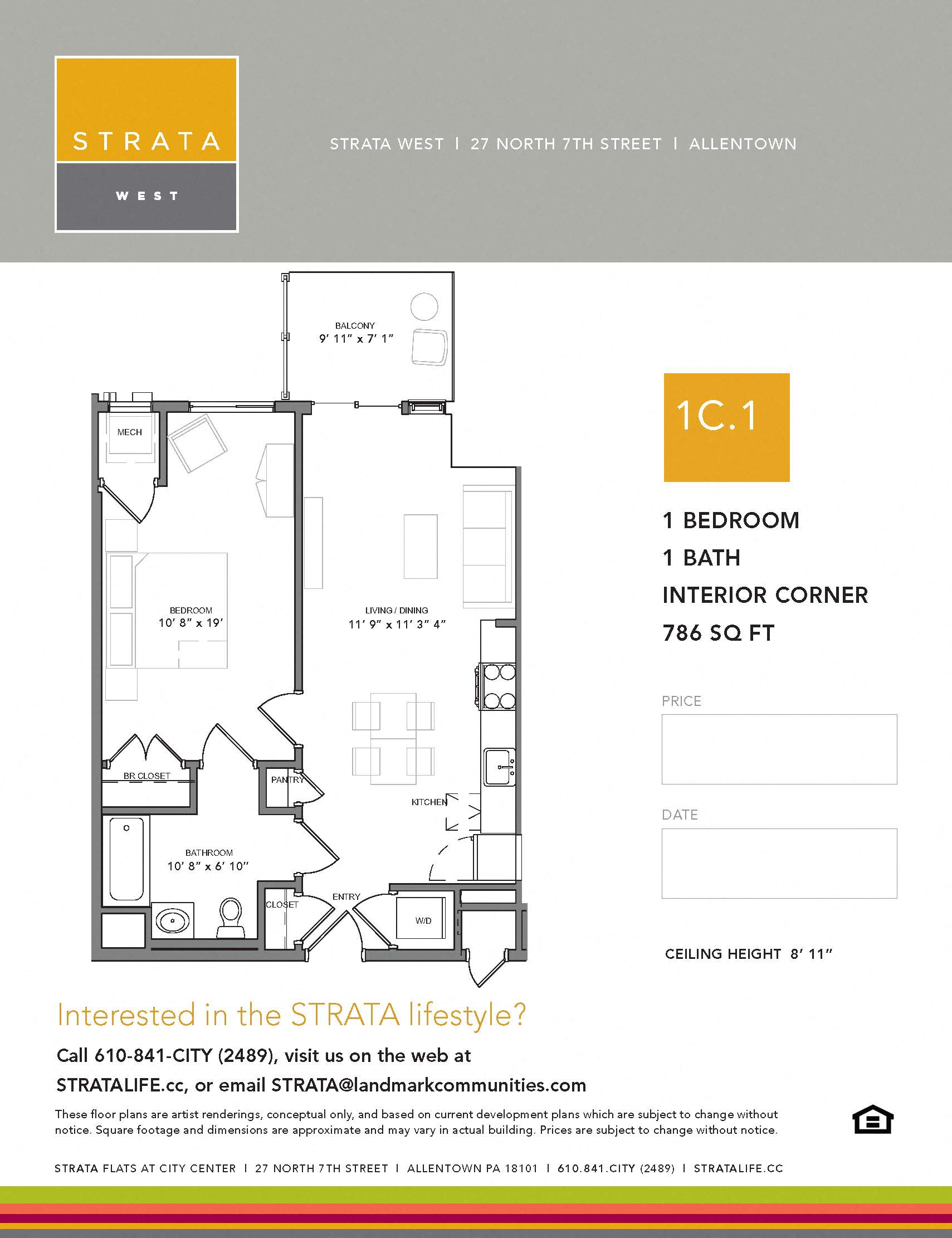 Floor plan for 1 bed, 1 bath, 786 sqft