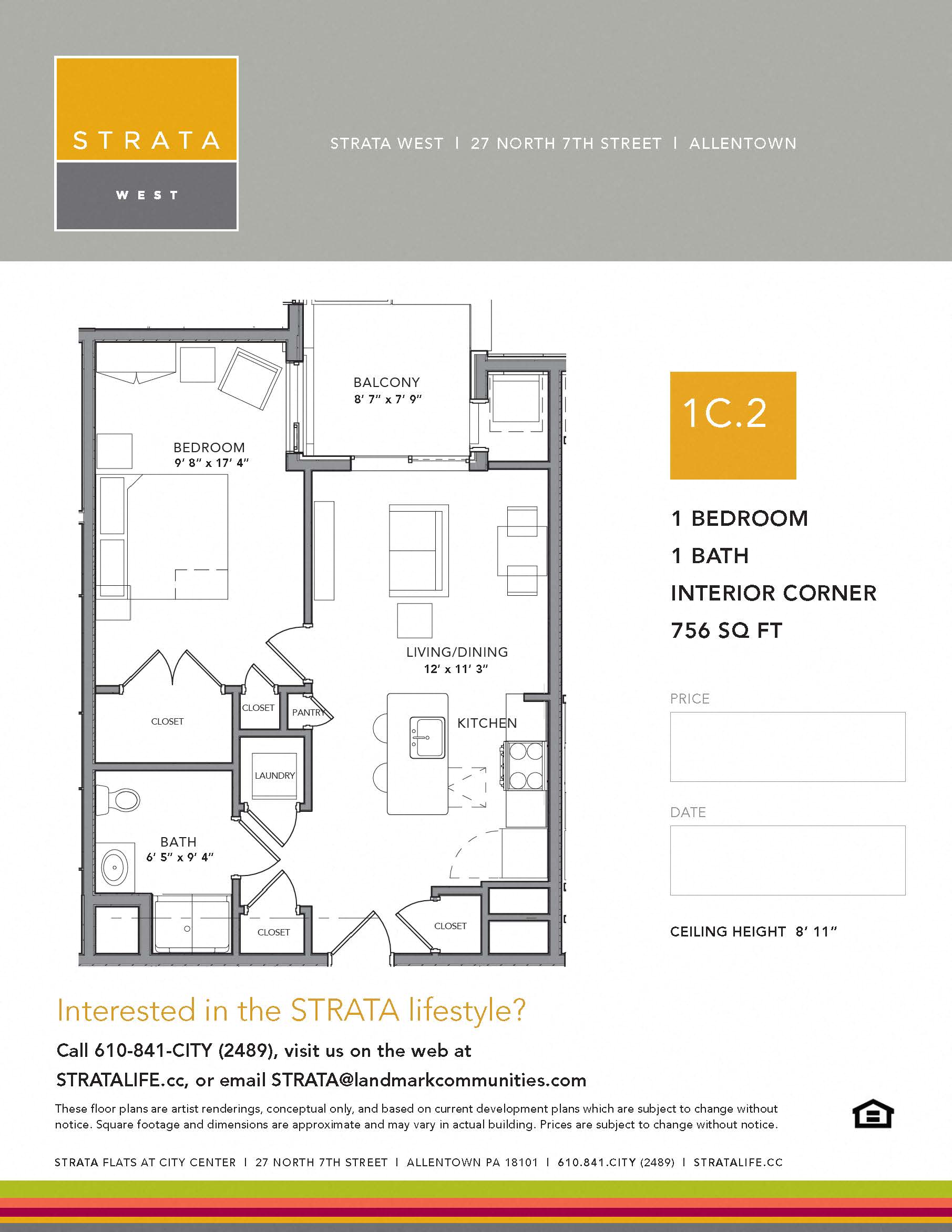 Floor plan for 1 bed, 1 bath, 756 sqft
