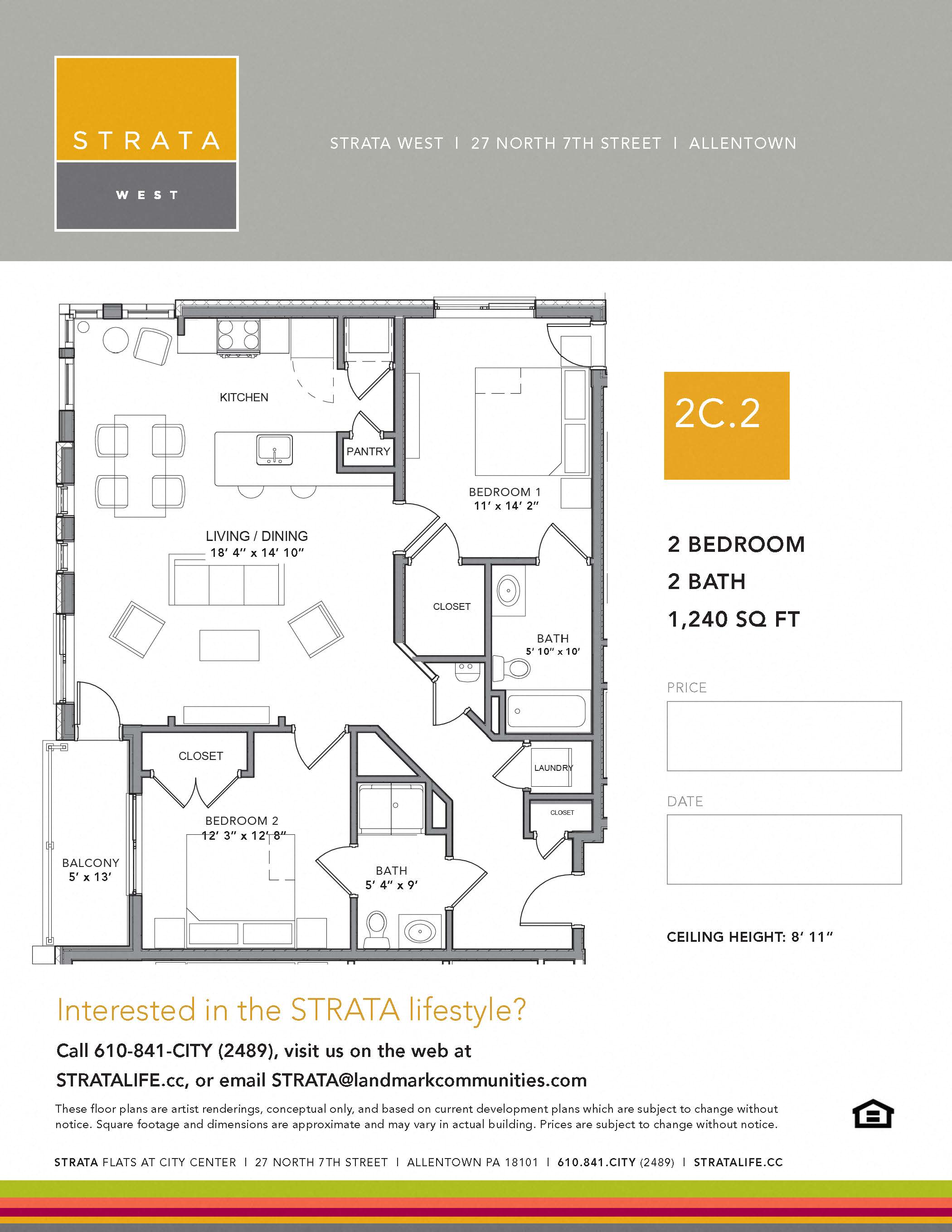 Floor plan for 2 beds, 2 baths, 1240 sqft