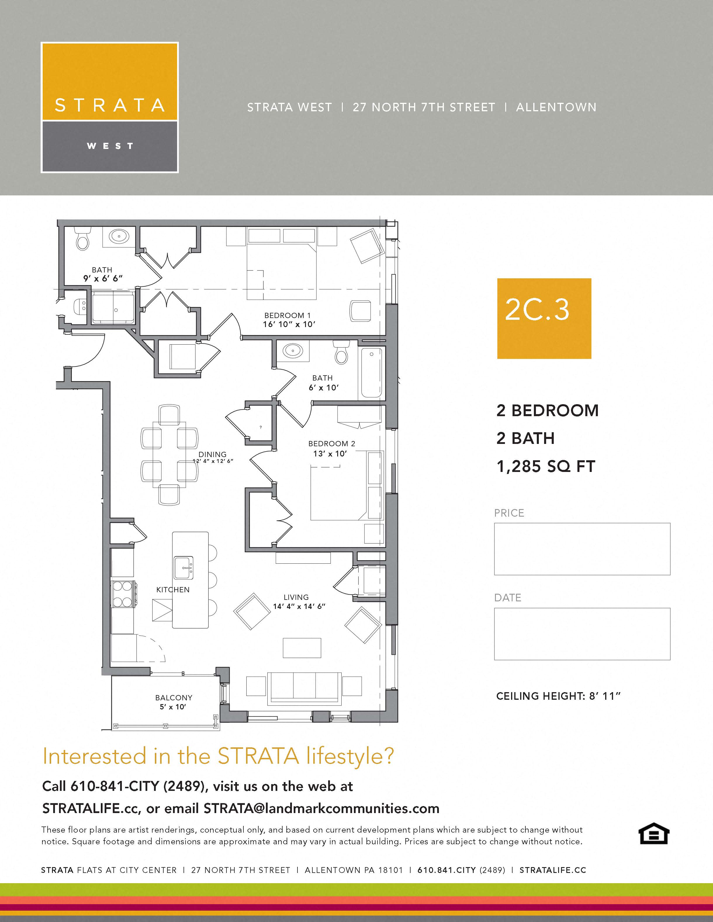 Floor plan for 2 beds, 2 baths, 1285 sqft