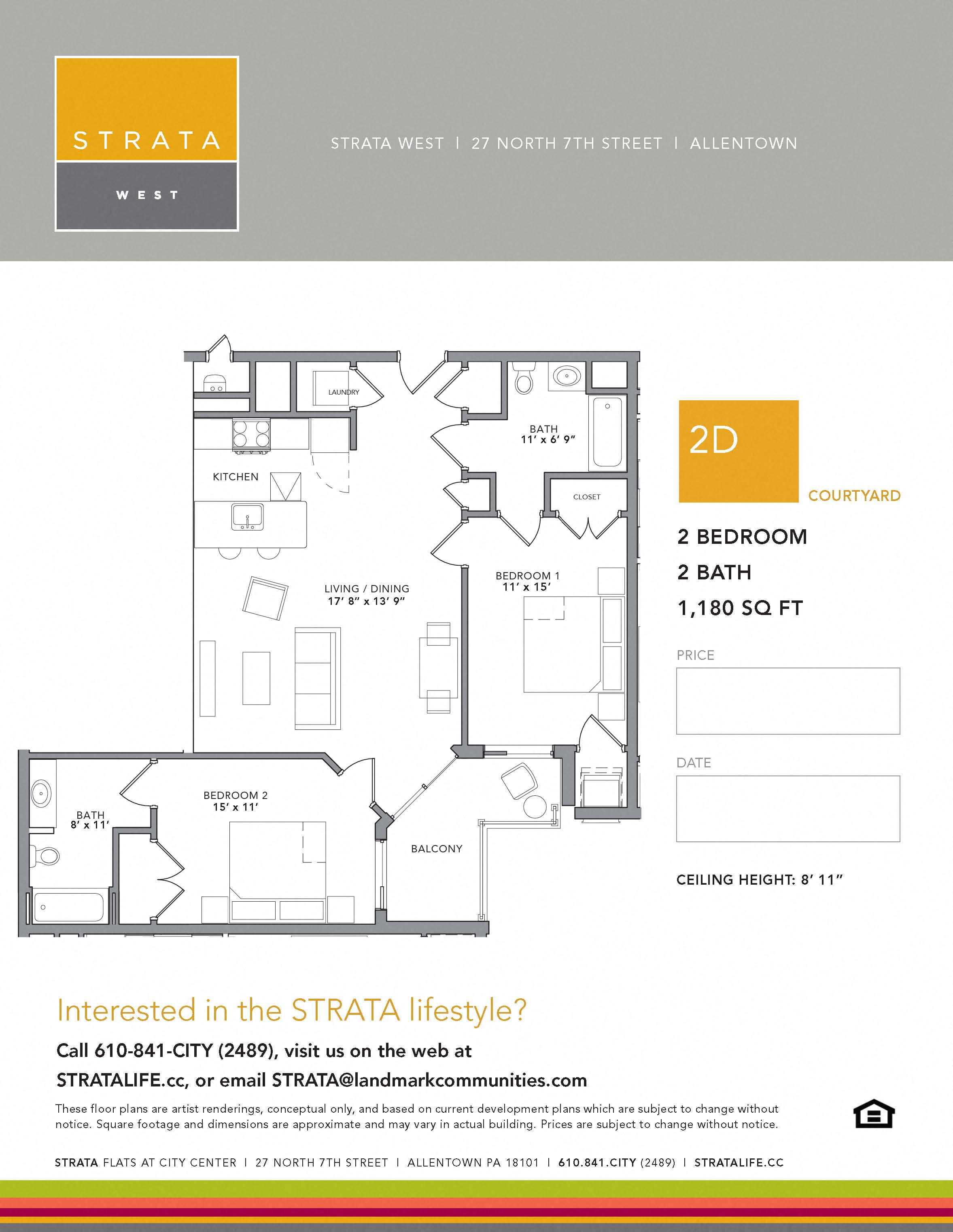 Floor plan for 2 beds, 2 baths, 1180 sqft